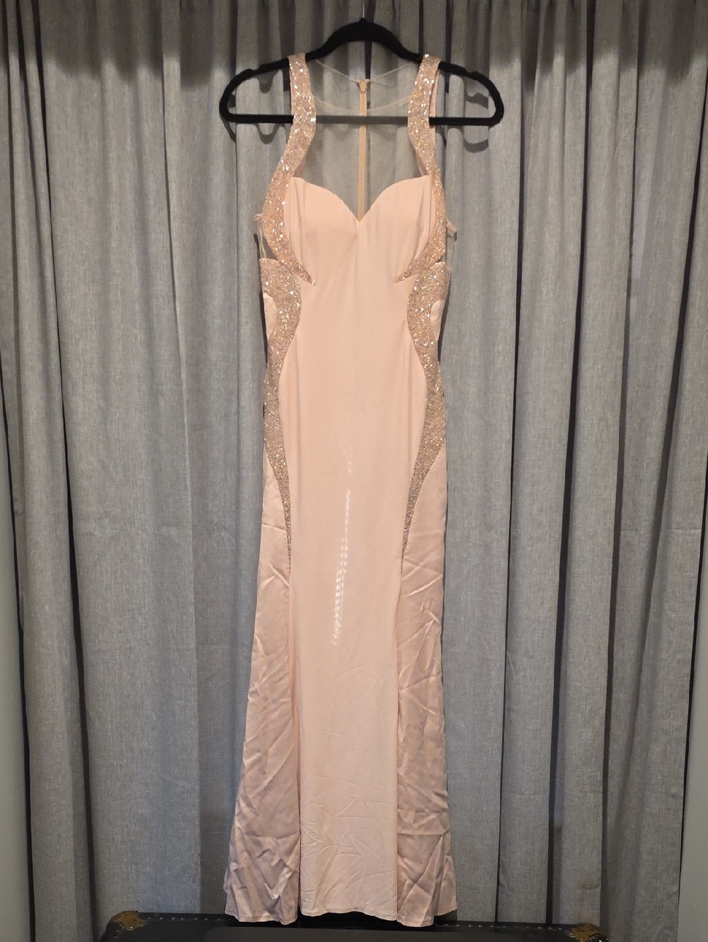 Mignon Embelished Illusion Petal Pink Beaded-Trim Trumpet Flare Gown